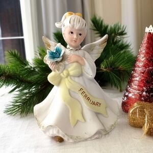 Lefton February Birthday Angel Figurine Blue Flower Bisque Porcelain TINY FLAW